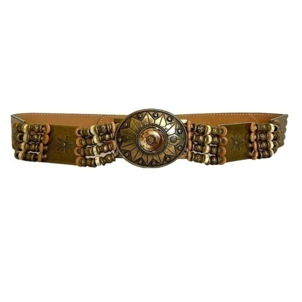 Streets Ahead Beaded Sun Brass Medallion Italian Leather Statement Belt